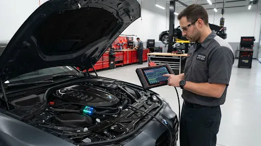 Técnico automotriz utilizando tablet de diagnóstico y escáner digital