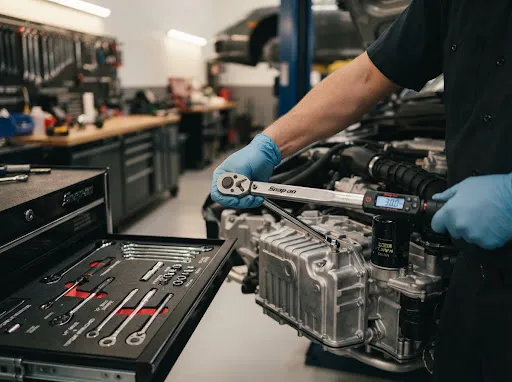Detalle de cambio de aceite y herramientas de torque automotriz